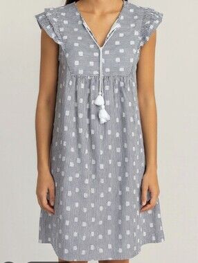 LOFT Navy and White Striped Polka Dot Shift Boho Dress Size L New
